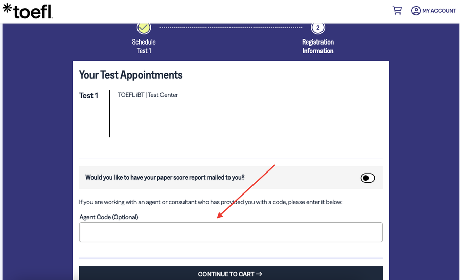 Enter the agent code in the Agent Code field during TOEFL iBT registration